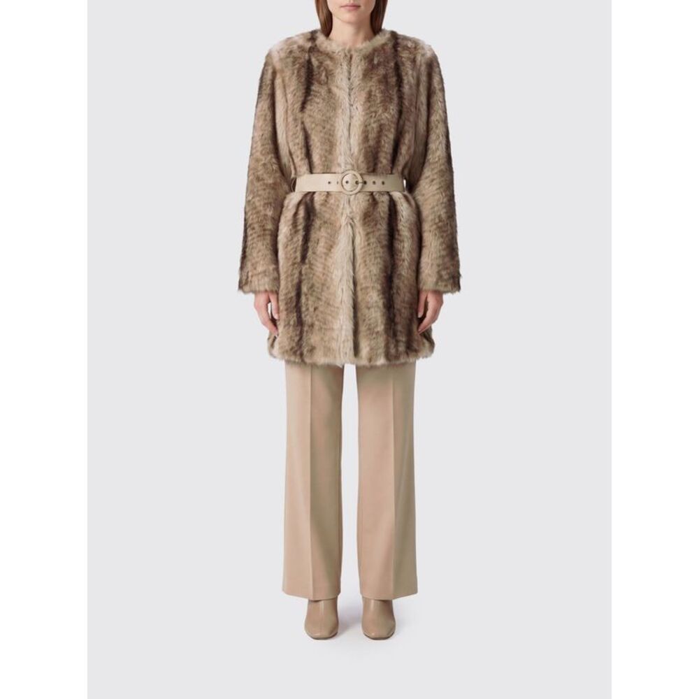 Twinset Women Twinset Crewneck Abstract Pattern Faux Fur Coat With Belt